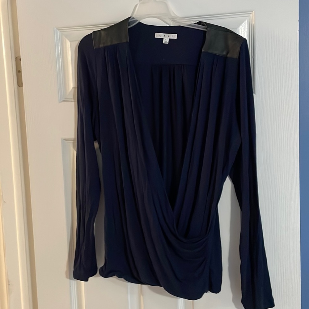 Cabi shirt with leather shoulder patches